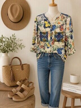 Fig & Flower Floral Boho Blouse Patchwork Pocket Top Cottagecore Blue Yellow